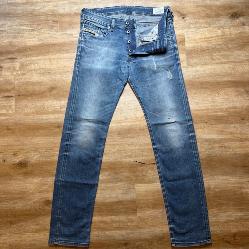 Diesel Belther Jeans Mens 33x34 Blue Regular Slim Tapered Distressed Denim 0838D
